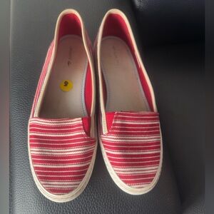Lacoste Red and White Striped Slip-On Flats
